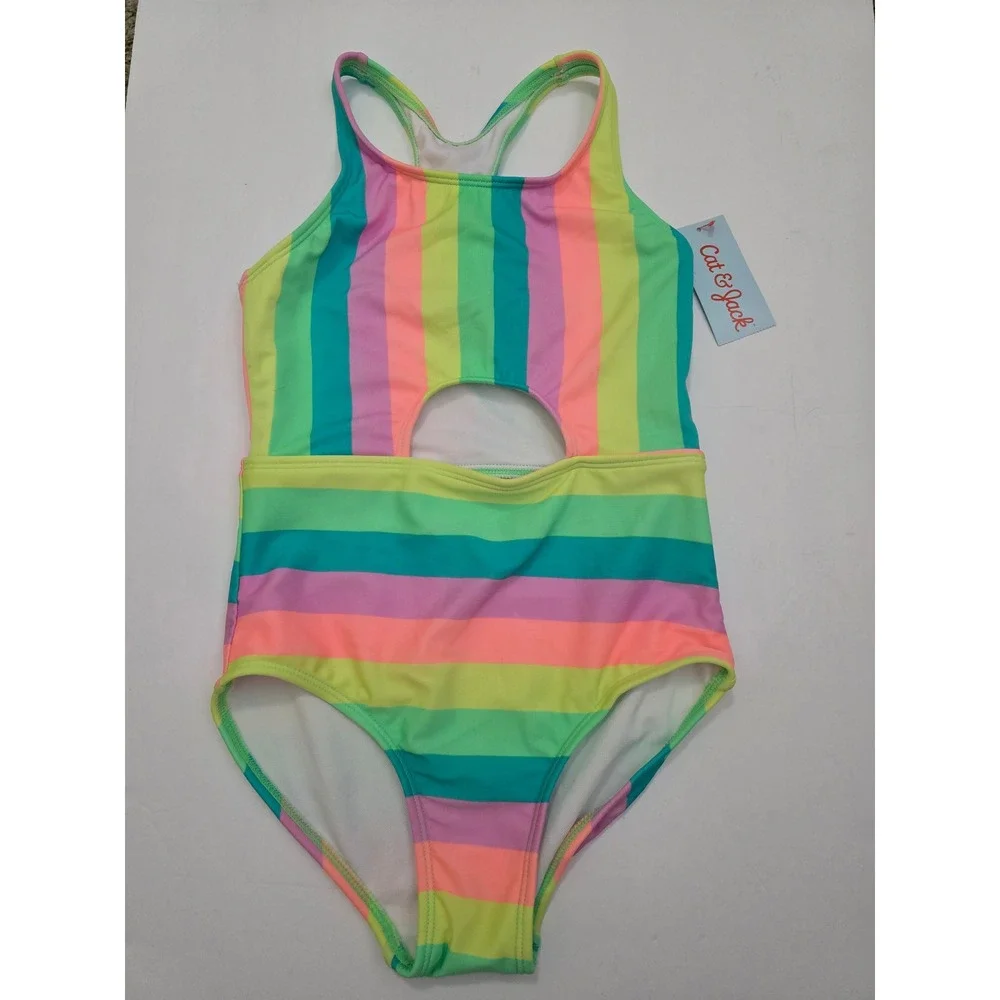 Cat & Jack Girls Rainbow Striped One Piece Swimsuit Cutout Racerback L 10/12